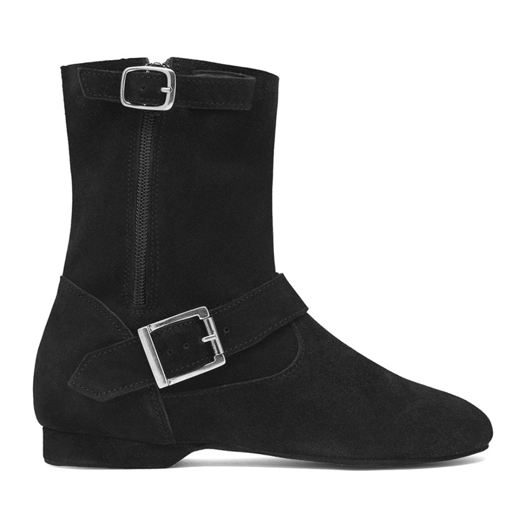Rumpf 8855, niedrige West Coast Swing-Stiefel aus schwarzem Wildleder, silberne Schnallen, seitlicher Reißverschluss.